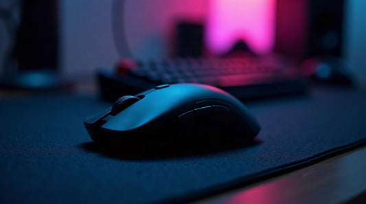 Souris gaming posée sur un tapis avec un clavier mécanique en arrière-plan