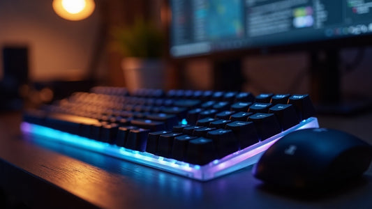 Clavier mecanique retroeclaire sur un bureau de developpeur