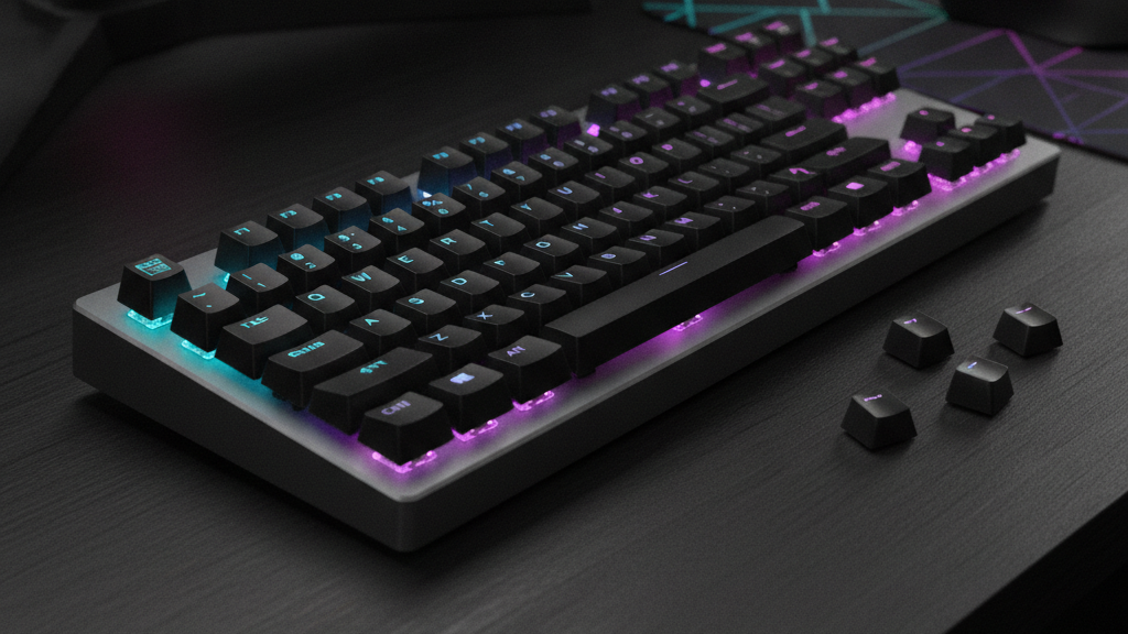 Clavier mécanique rétroéclairé avec plusieurs keycaps retirées posées à côté sur un bureau sombre