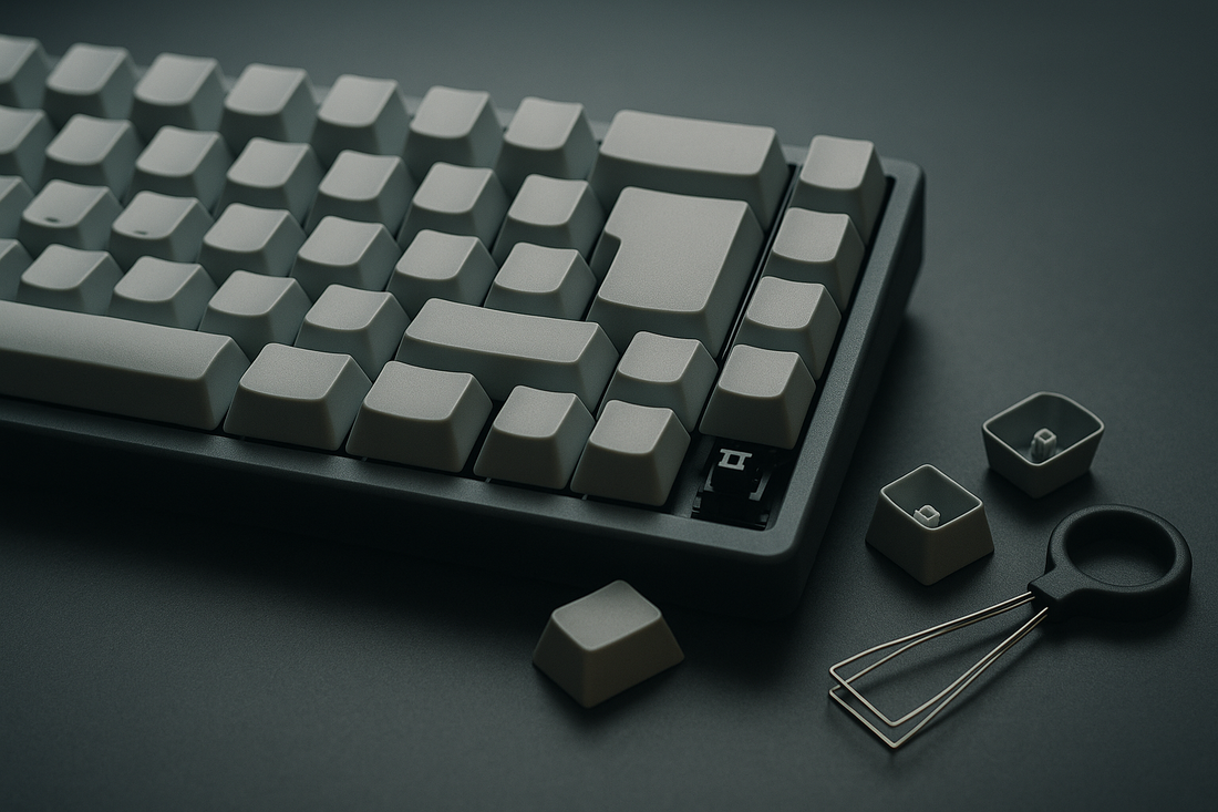 Clavier mécanique au format ISO avec keycaps vierges et touches retirées posées à côté