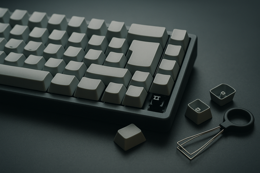 Clavier mécanique au format ISO avec keycaps vierges et touches retirées posées à côté