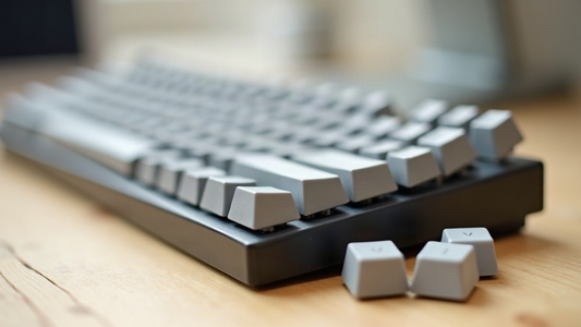 Clavier mecanique aux keycaps vierges pose sur un bureau en bois, trois keycaps retirees a cote