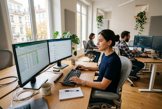 Collaborateurs d'une PME travaillant en double écran avec clavier mécanique dans un bureau lumineux