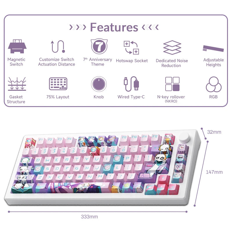 Akko 7th Anniversary MOD 007 PC 75% Teclado mecánico para jugar con cable/inalámbrico montaje de junta de intercambio en caliente teclados con interruptor magnético