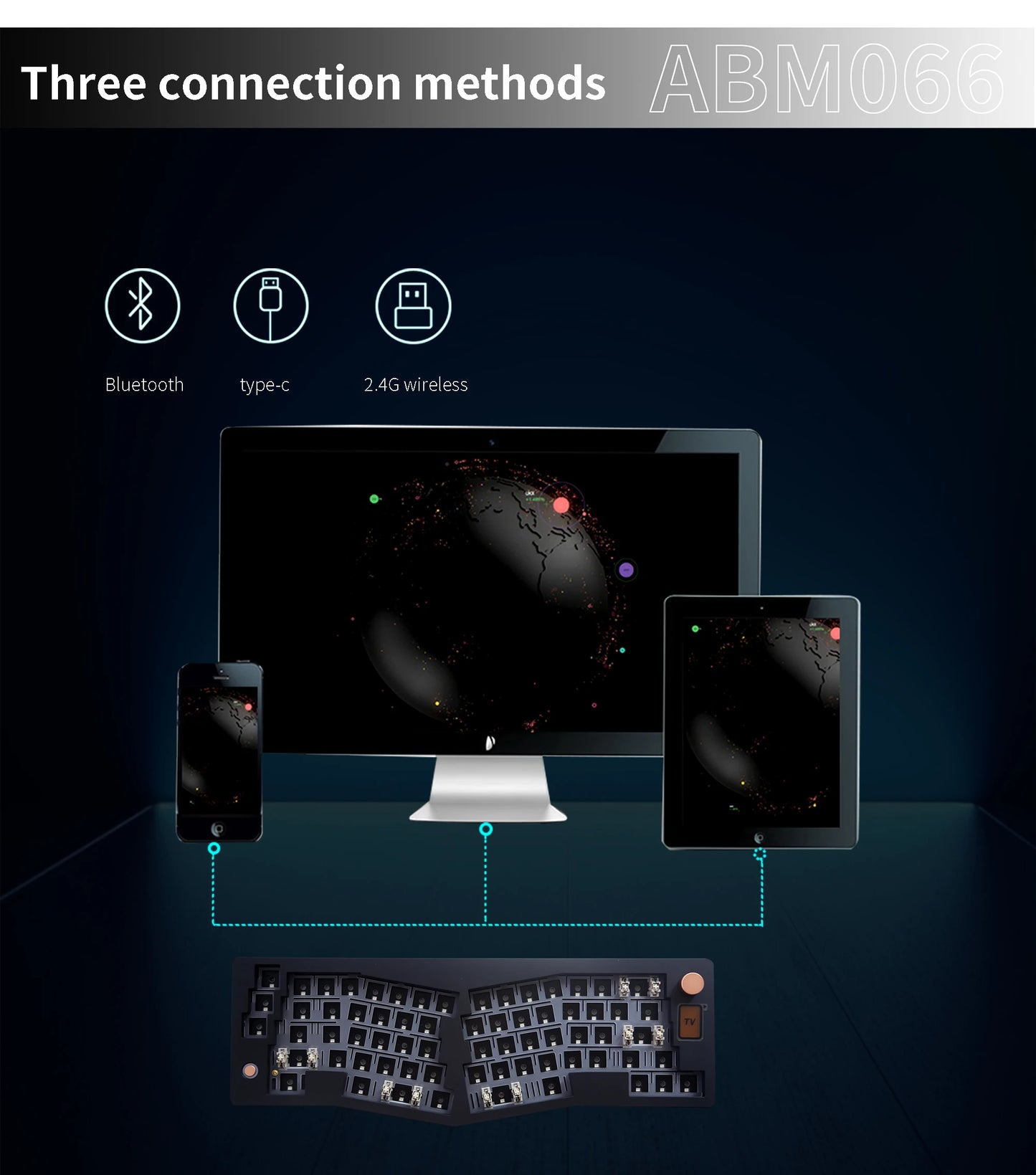ABM066 Kit barebones Alice-layout VIA programable intercambiable en caliente Bluetooth/2,4 Ghz/conectividad tipo C para Win/Mac
