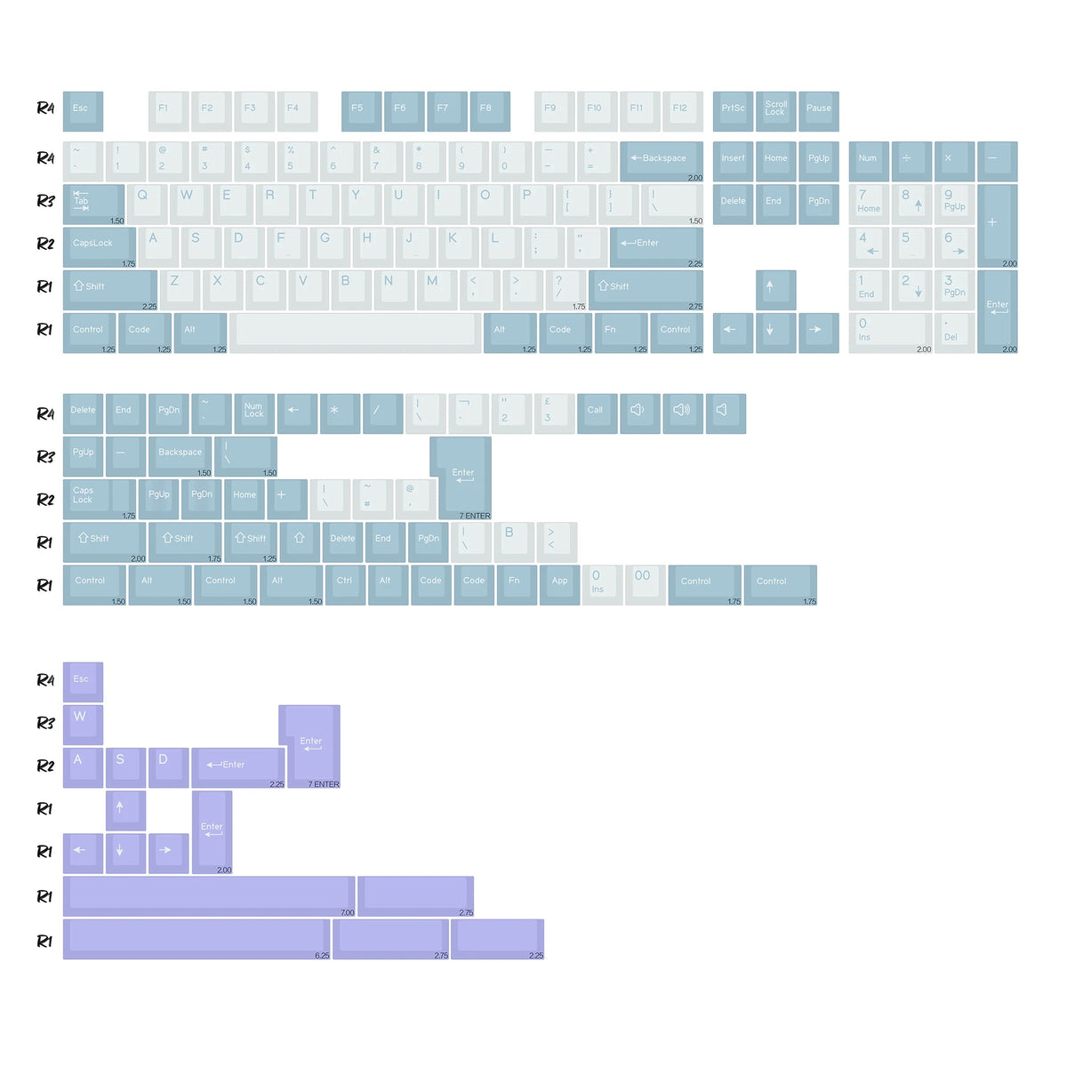 Keycaps Bleu Glacier et Lavande - planche de kitting